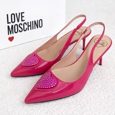 NWB Love Moschino Scarpad Spillo 70 Vern Fushsia Patent Leather Sling Back Pump