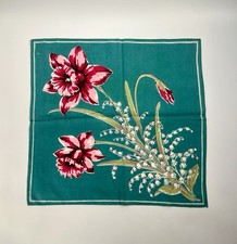 Vtg Daffodil Lily of the Valley Cotton Hankie Handkerchief Floral Pocket Square