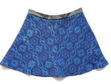 ZARA Large 12 14 Blue PU A-Line Embroidered Tribal Aztec Print Mini Flare Skirt