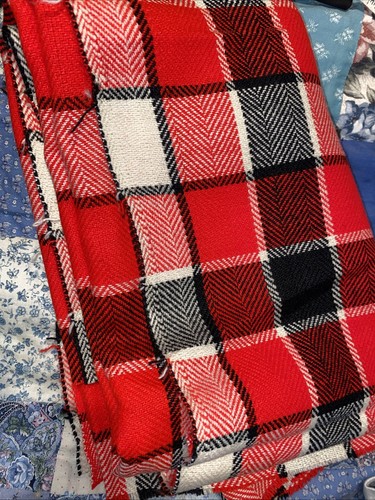 Vintage Red, Cream And Black Plaid Woven Wool Fabric 45” Wide X 1.5 Yards - Picture 3 of 6