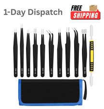 11 PCS Precision Tweezers Set ESD Anti-Static Stainless Steel Craft Kit