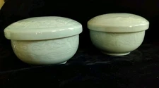 2 Chinese Celadon Covered Rice / Soup  BowlsDeer & Sea Creature, Crane Design