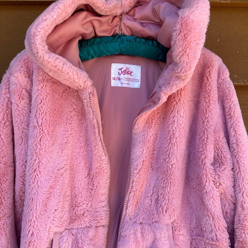 Justice Girls Pink Plush Zip-Up Hooded Sweater Size 14/16 - Picture 4 of 11
