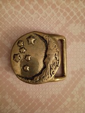 Brass Hippie Man Crescent Moon Star Space Cosmos Celestial 1970s Vtg Belt Buckle