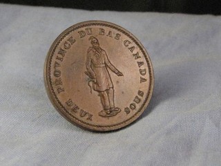 TRADE BANK TOKEN ONE PENNY COIN 1837 CONCORDIA SALUS DEUX PROVINCE DU BAS CANADA