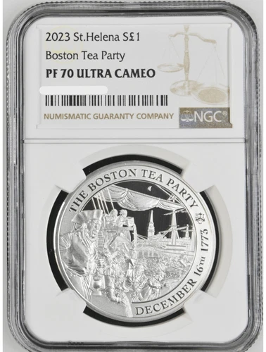 2023 St. Helena Boston Tea Party 250th Ann. 1oz Silver Coin NGC PF 70 UCAM