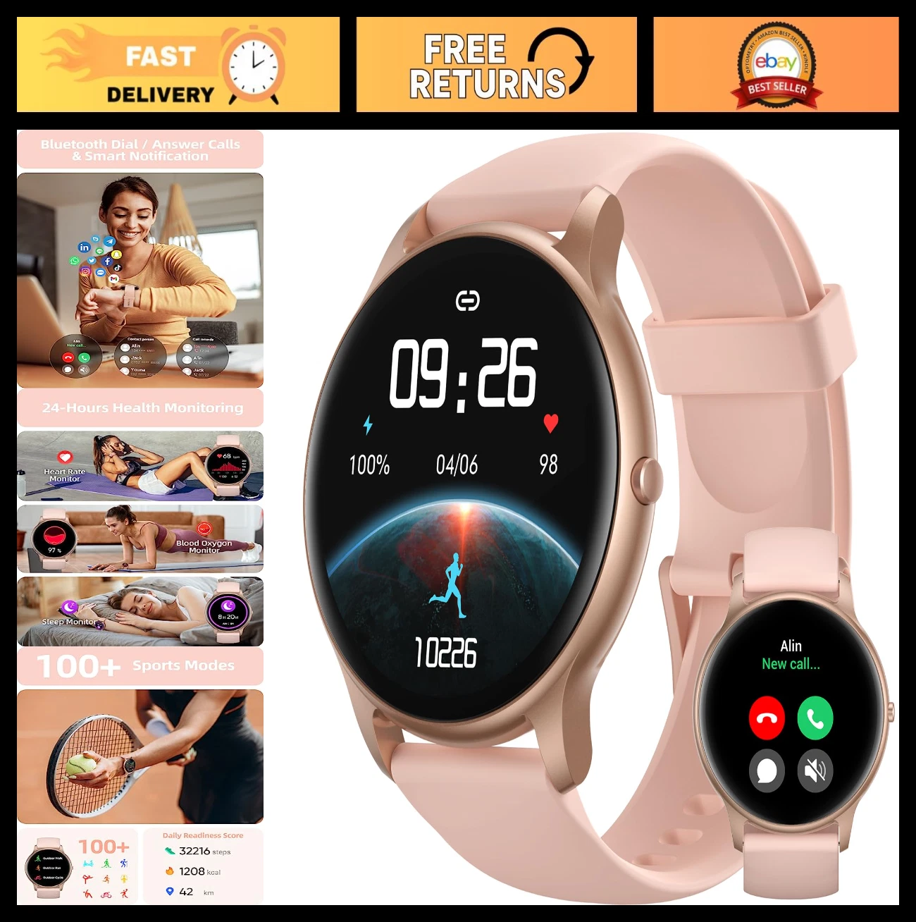 Smart Watch for Women - HD Screen, IP68 Waterproof, Fitness Tracker, 100+ Sport