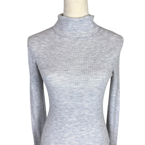 Vince S Gray Ribbed Lettuce Hem Long Sleeve Cashmere Blend Turtleneck Sweater - Picture 4 of 12