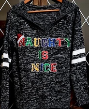 Hooked Up Long Sleeve Naughty Is Nice/North Pole 25” Hooded Christmas Sweater Lg