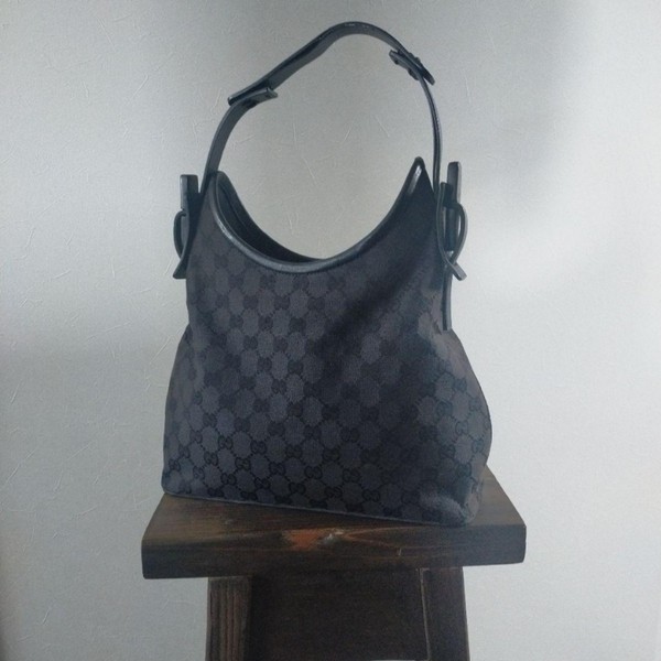 Gucci GG Monogram Black Canvas Shoulder Bag Leather Top Handle Hobo Tote Purse