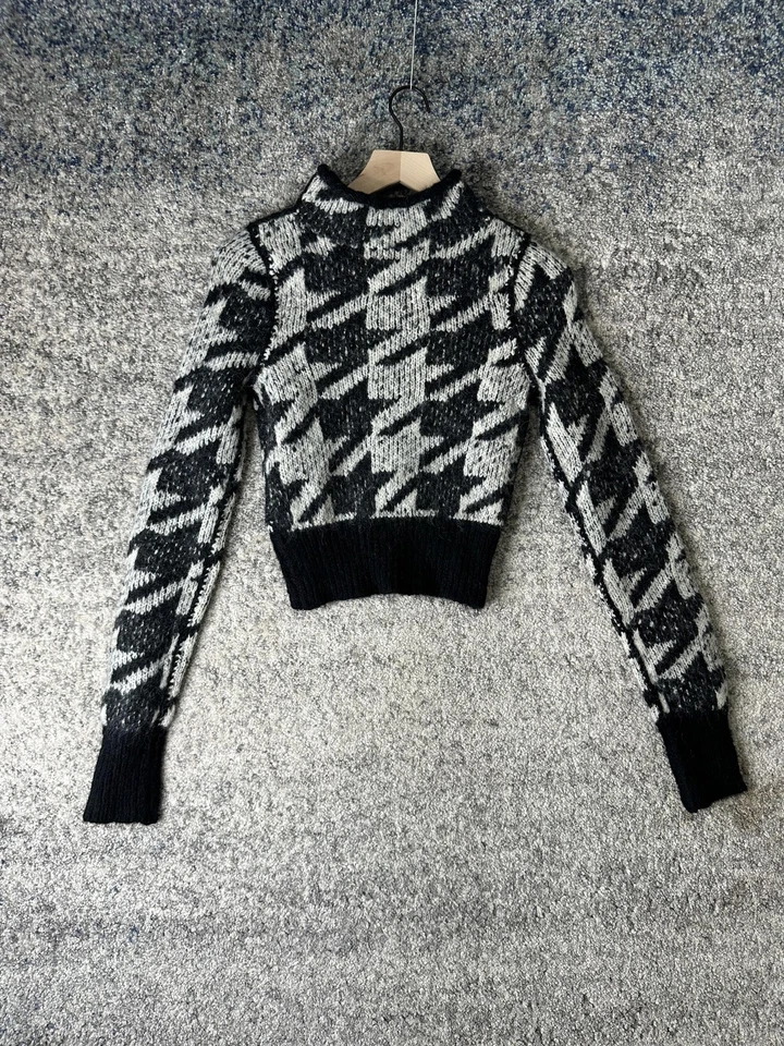 Suéter de trapo y hueso para mujer XS negro pata de gallo cuello falso lana de alpaca recortado Foto 4 de 4