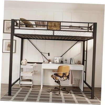  Metal Twin Size Loft Bed Frame with Stairs & Guardrail, Small Space Saving 