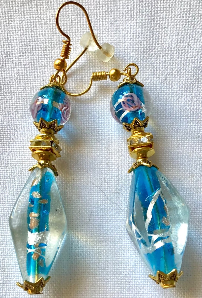 Boucles D'oreilles Longues Perles De Verre Murano - Inclusion Bleu Ciel Et Argent, Crochets Plaqués Or, Neuf Sans Emballage