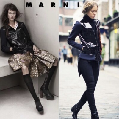 NWOT? Marni for H&M Black Patent Leather Zip Front Bomber Jacket Blue Sleeves 8