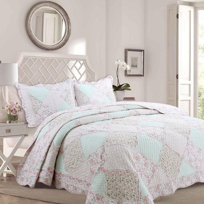 Cozy Line Home Fashions Quilt Bedding Set Patchwork Cotton Queen Pink 3-Piece