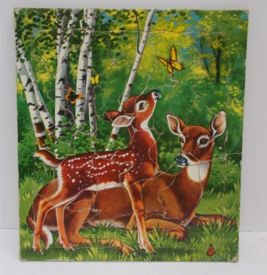 Vintage Saalfield Tray Puzzle Whitetail Deer Doe Fawn Butterfly Cabin Cottage