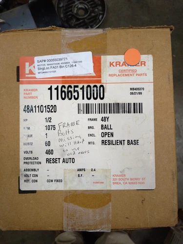 Marathon Motor 116651000- 1/2HP 1PH 1075RPM 460VAC 60HZ 48Y