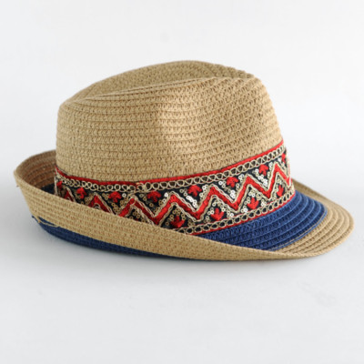 Damen Stroh Sommerhut Fedora Trilby Ethnisch Bestickt Panama Kurze Krempe Jazz