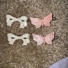 Vintage 1940s 2 Pair Celluloid Hair Clip Barrettes Bows Butterflies Great Find 