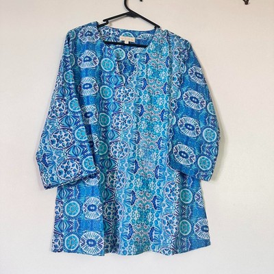 Blue Boho Summer Cotton Lighweight Unlined Printed Blouse Top/ Sz S