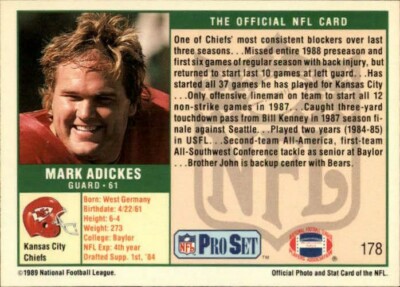 1989 PRO SET 😎 Football ROOKIE Card #178 - Mark Adickes, Kansas