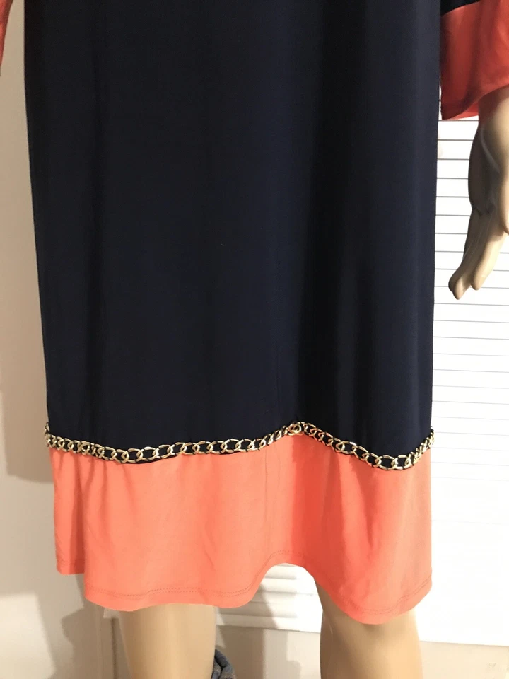 DRESSBARN Casual Dress Navy Blue/Orange Embellished Size 14 Bell Sleeve Women's - Image 4 of 4