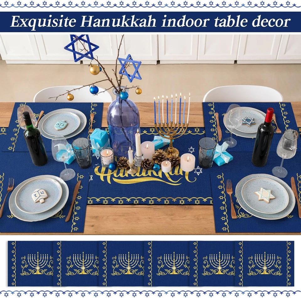 Juego de manteles y corredor de mesa Hanukkah de 7 piezas - corredor de 13 X 72 pulgadas con 6 Hanuk Foto 3 de 4