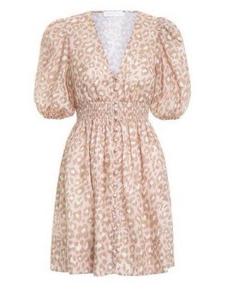 Zimmermann Carnaby Shirred Linen Mini Dress In Leopard Print Size 1/ 10 or US 6