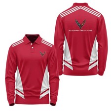Custom Name Men's Corvette C8 Logo Red White 3D Polo Long Sleeve Shirt S-5XL