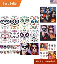 20 Sheets Waterproof Day of the Dead Sugar Skull Face Tattoos - 8 Large Designs