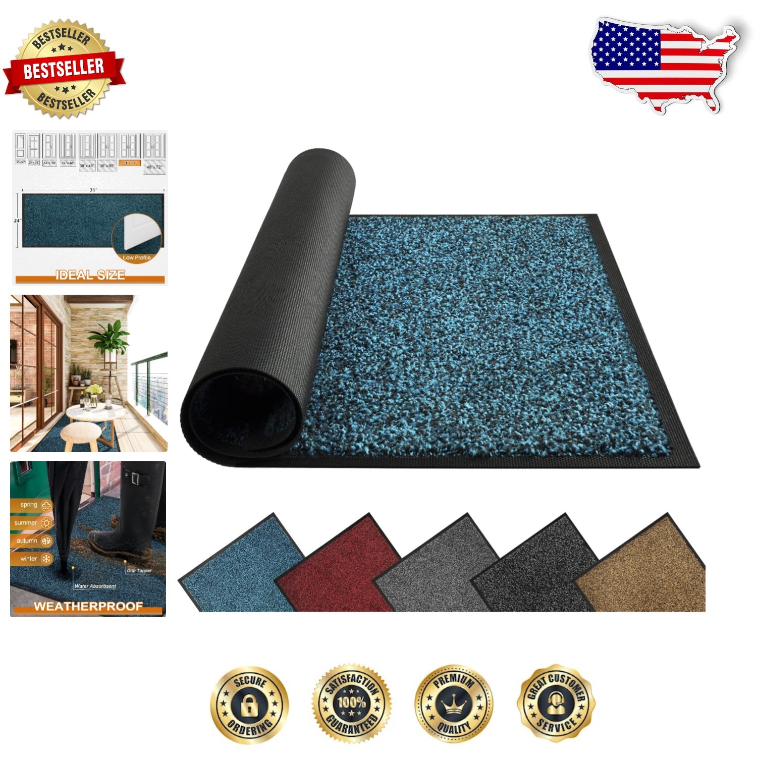 Heavy Duty Blue & Black Waterproof Doormat 72x24 Inches Easy Clean Stylish Design