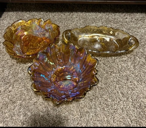 Vintage Indiana Iridescent Amber Carnival Glass 7" Sunflower Bowl -Free Shipping