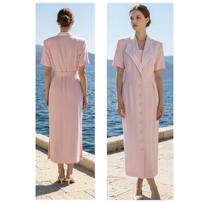 S.L.Fashions Women Vintage Sz 12 Pastel Pink Buttoned Maxi Dress Notched Collar
