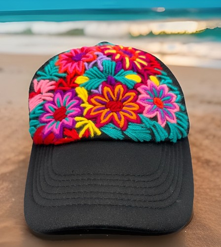Womens One Size OSFM Embroidered Vivid Floral Flower Black Mesh Baseball Hat Cap