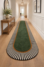 Hand-Tufted Modern Runner Carpet with Green Center & Striped Border