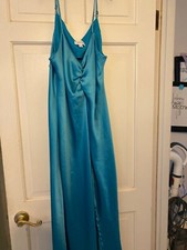 Tahari satin front slit midi/maxi dress L teal/ocean blue