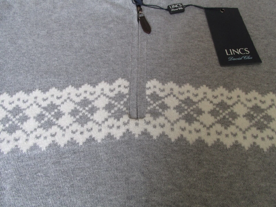 New Lincs David Chu LS 1/2 Zip Golf Sweater Men's XL Grey and White $138 - Image 2 of 4