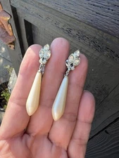 HIGH END VTG VICTORIAN TEARDROP FAUX PEARL Rhinestone DANGLE Clip On EARRINGS