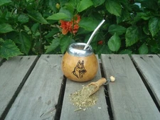 Mate Gourd Hand Carved Belgian Shepherd - Calabaza + Straw + Spoon Yerba Mate