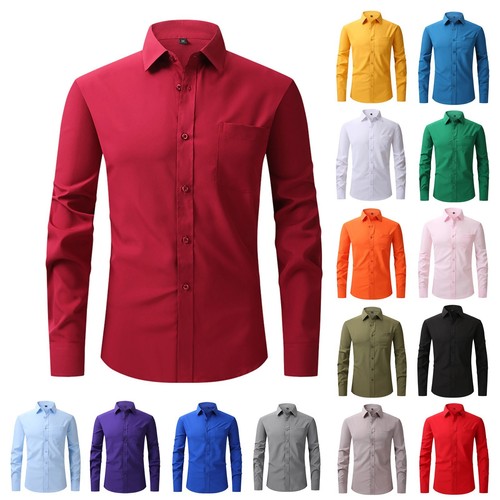 Business Casual Button-Down Shirt Men's Wrinkle-Free Long Sleeve Top Loose Fit - Picture 1 of 69
