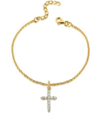 Gold Over 925 Sterling Silver CZ Cross Charm Chain Bracelet Bangle 7.5" L BR107