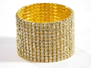 12 Row Gold rhinestone diamond crystals stretch Cuff Bridal Bracelet 2841