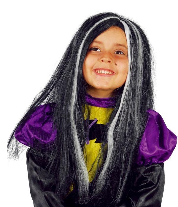 Peluca infantil para bruja con mechas blancas niña morticia disfraz halloween