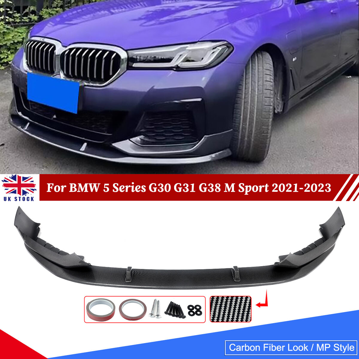 Carbon Look Front Bumper Splitter Lip For BMW 5 Series G30 G31 G38 2021-2023 LCI