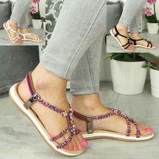 Sandals Shoes Ladies Elastic Strappy Comfy Bling Open Summer Toes Womens Sizes