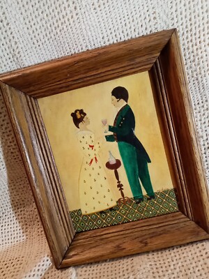 Vtg.Uniq P.C.Hazen Masonite Painting 1831 Miss Francis Taylor & Fiancé Wood Fram