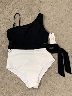 Lillusory Black White Belted Swimsuit Womens size Small Side Cut Out Classic