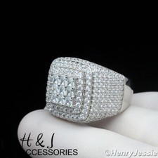 MEN SOLID 925 STERLING SILVER ICY BLING BAGUETTE CZ HIP HOP 3D SQUARE RING SR190