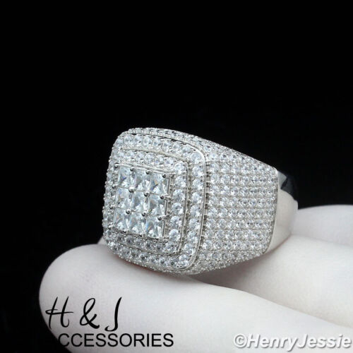 MEN SOLID 925 STERLING SILVER ICY BLING BAGUETTE CZ HIP HOP 3D SQUARE RING*SR190 - Picture 1 of 5