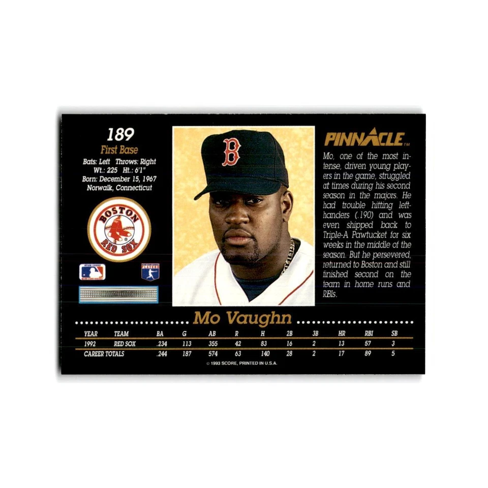 Mo Vaughn 1993 Pinnacle #189 Boston Red Sox Baseball Card NM - Image 2 of 3